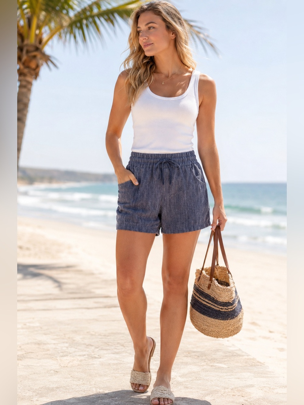 Athleta Cabo Striped Linen Textured Shorts Size 8 Navy Blue